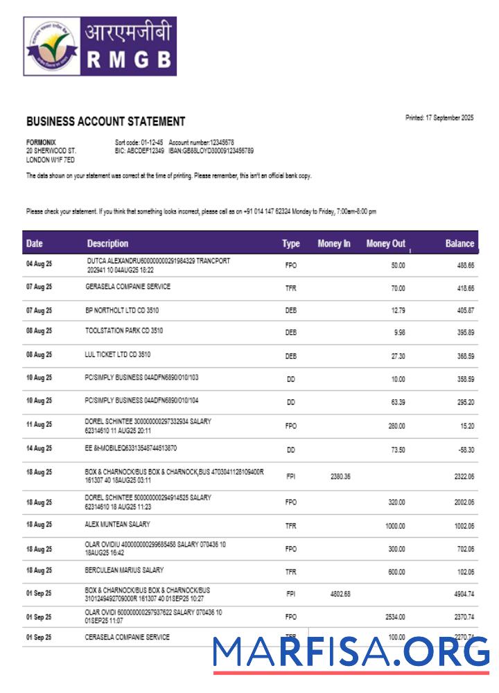 Downloadable RMGB company account statement Word and PDF format template